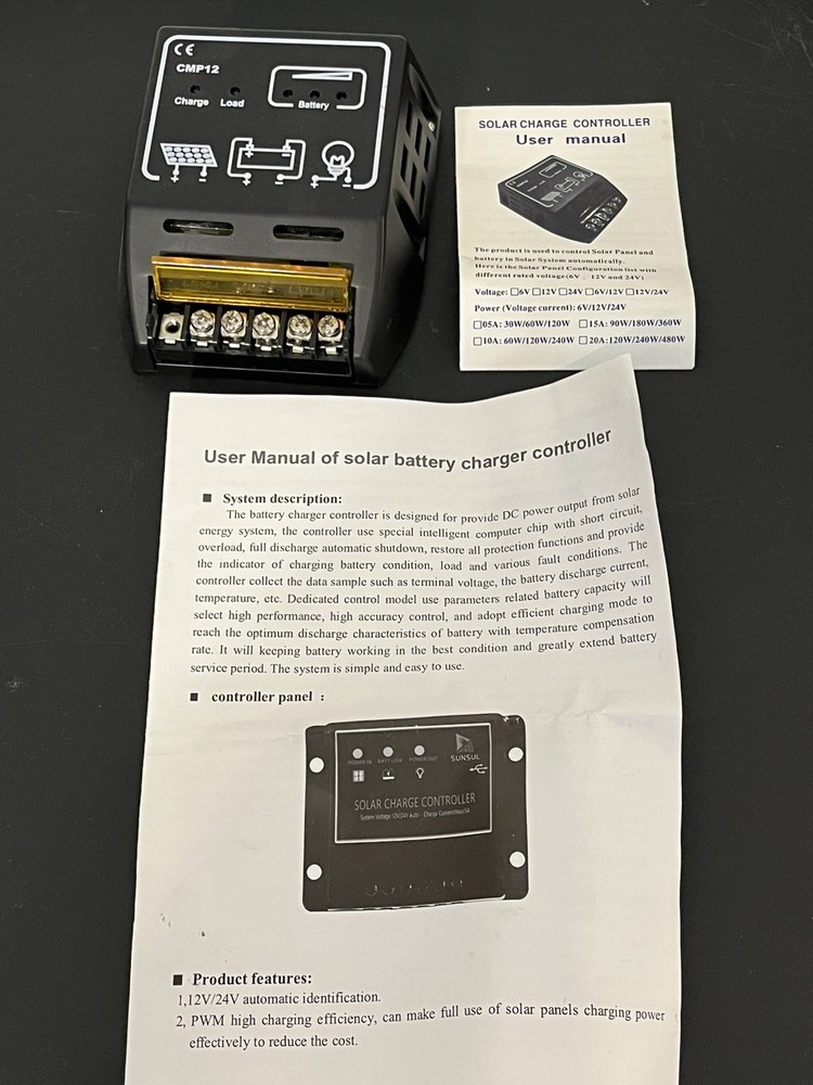 Solar Regulator 12 Amp 12 Volt Solar Controller Unbranded CMP12 NEW Instructions