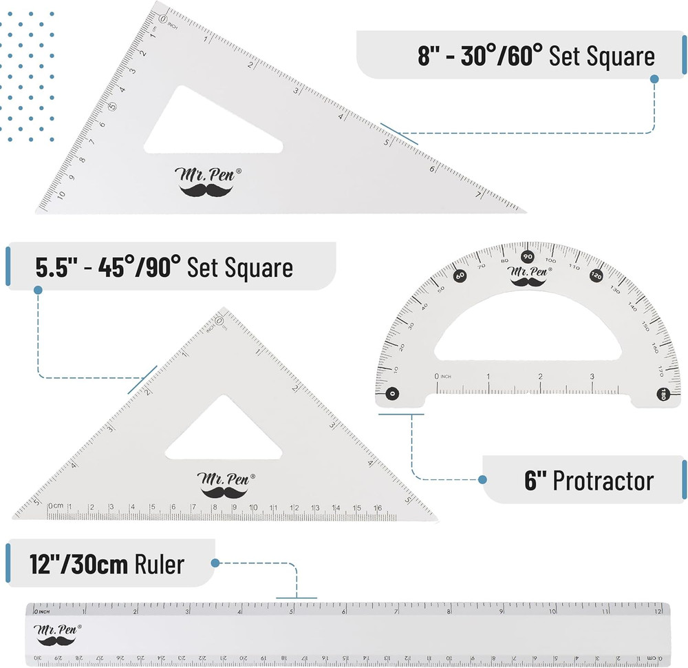 Metal Geometry Kit - 4Pack Set Square, Protractor, Aluminum Ruler, Drafting Tria