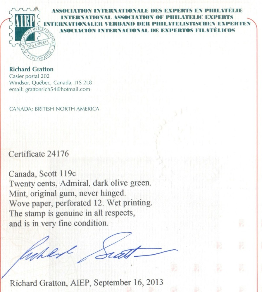 Canada #119c Very Fine+ Never Hinged **With Certificate**