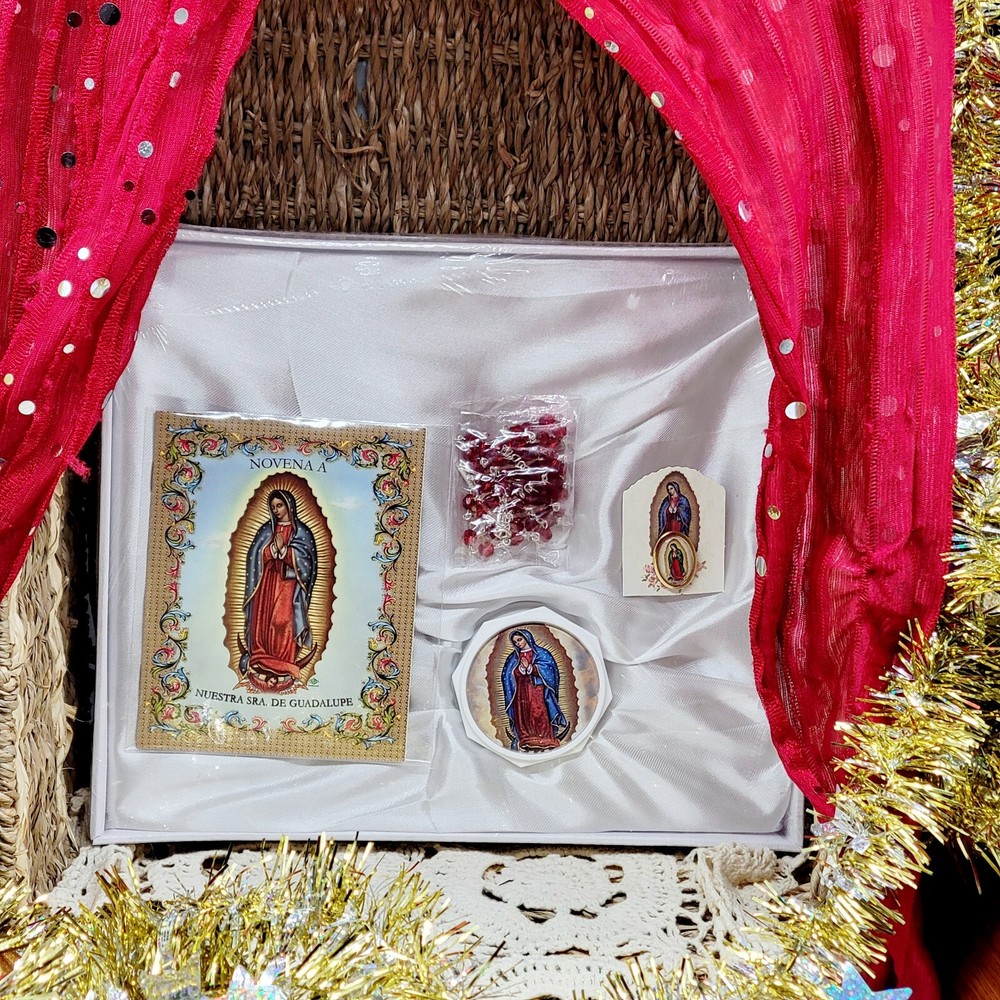 Virgen Guadalupe, Rosary, Storage Box, Prayer Card,  Broach Pin 4 pc Gift Set