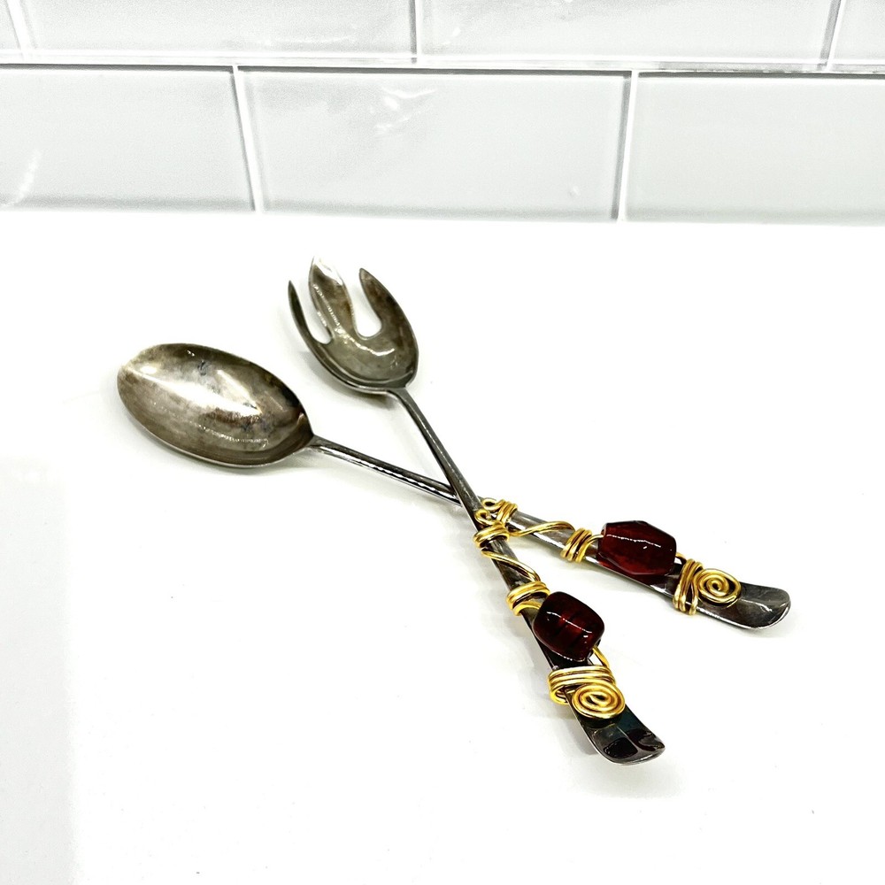 Decorative Serving Spoon & Fork Silver Plated w/ Wire Wrapped Stone Vintage