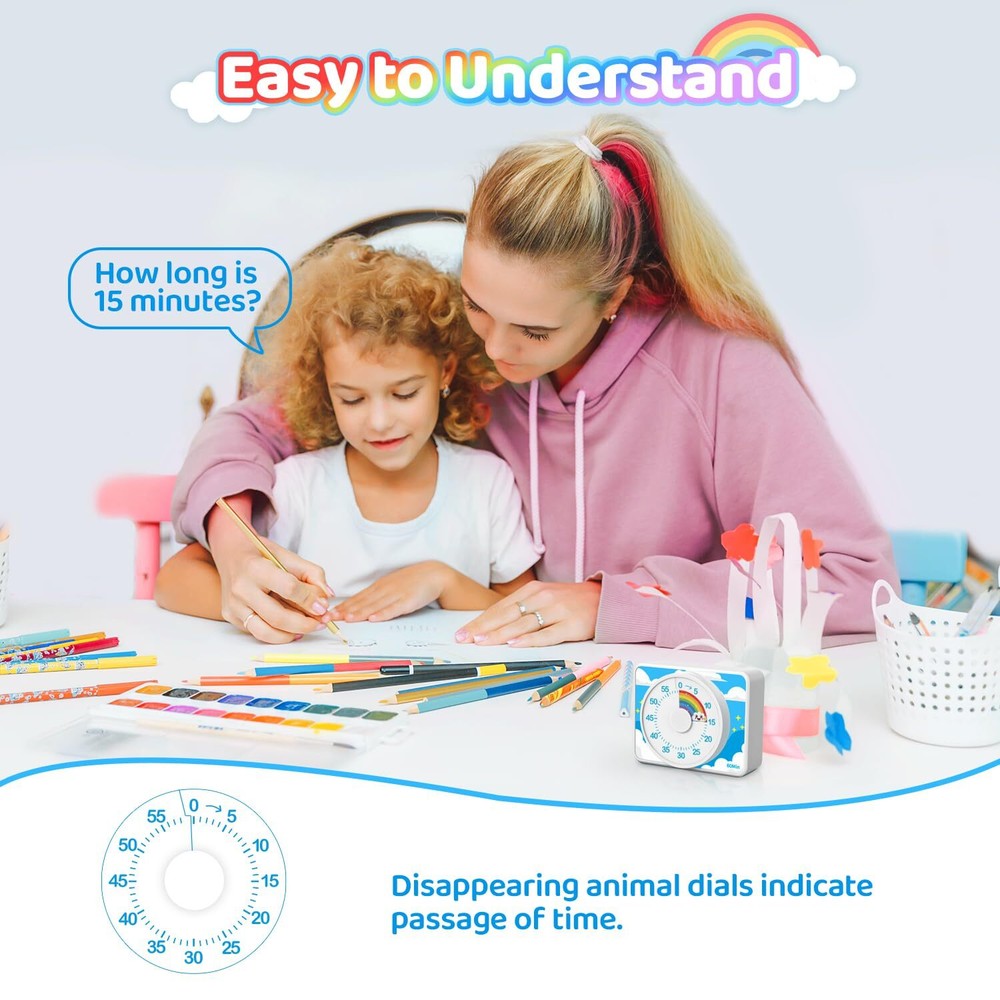 Visual Timer for Kids Rainbow 60 Min Countdown Tool for School Office Kitchen