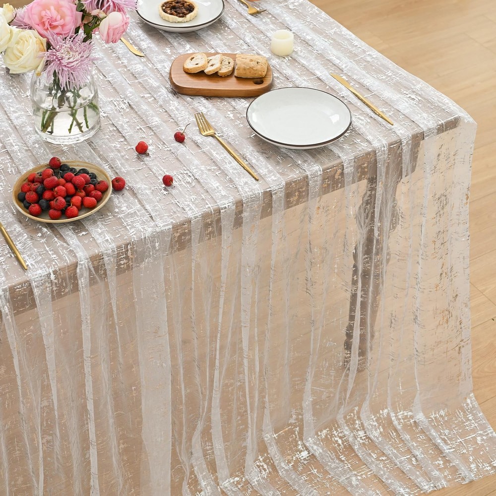 Horaldaily White Silver Gauze Tablecloth 60x84 Inch Rectangular, Silver Star Seq