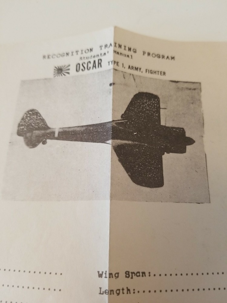 WW2 Recognition Training Program Japanese OSCAR Identification Paper Type 1 Army