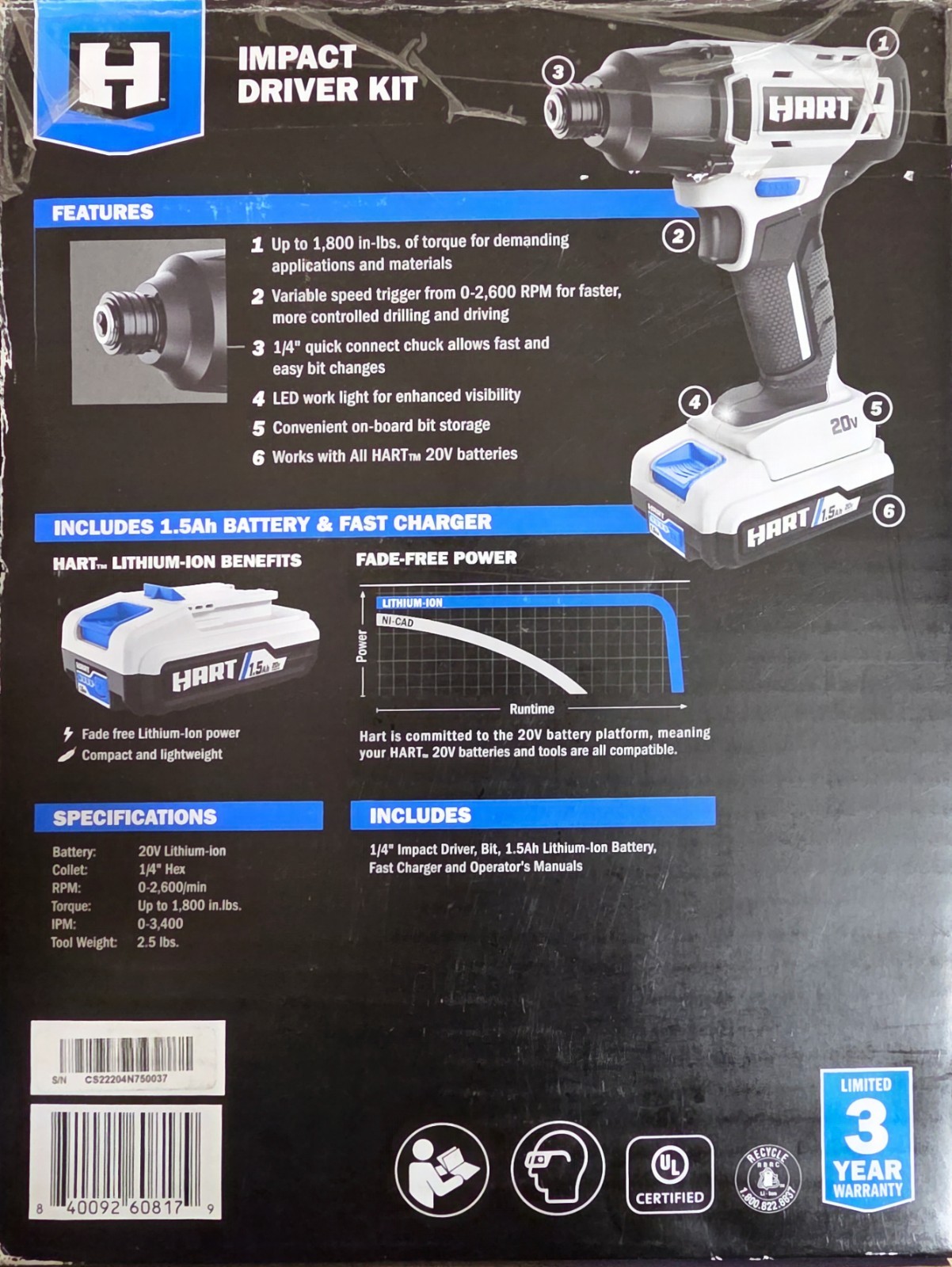 HART 20v Cordless Impact 1/4 Driver Drill - HPID02 - Tool Only