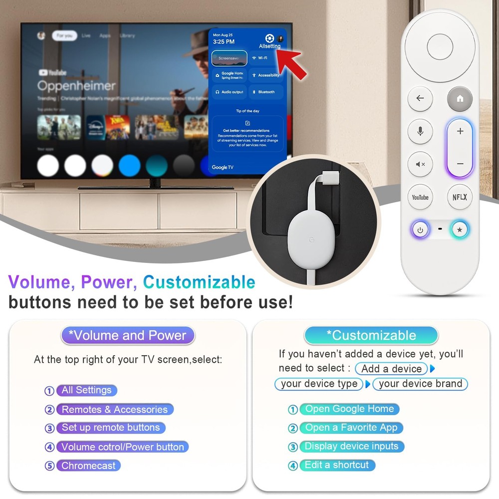Voice Replacement Remote Control for Google Chromecast, White