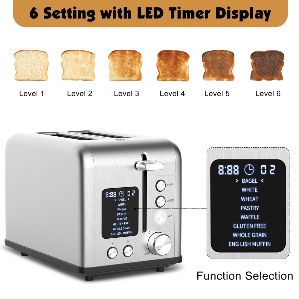 2-Slice Bagel Toaster Stainless Steel with Screen- Single Slice Function for Sin
