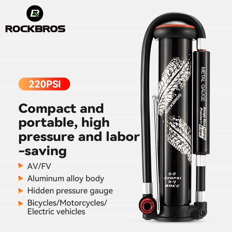 Rockbros Bicycle Pump Compact Pump 220PSI MTB Road Bike With Barometer Air Pump
