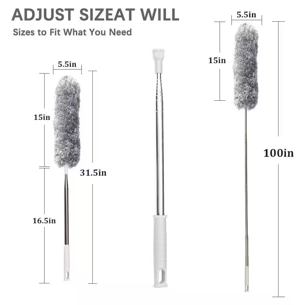 Microfiber Feather Duster Extendable 30 to 100 In. Long Pole Bendable Head for C