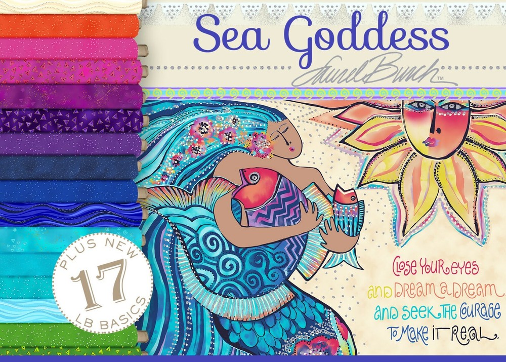 Sea Goddess PANEL LIGHT PERIWINKLE Mermaid Text Laurel Burch PANEL Fabric 1/3 YD