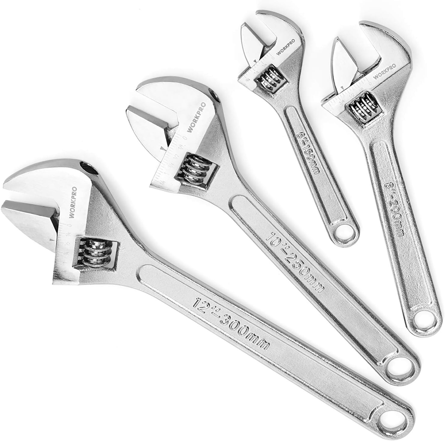 WORKPRO 4PC 6" 8 10" 12" Adjustable Wrench Set Forged Heat Treated Chrome-plated