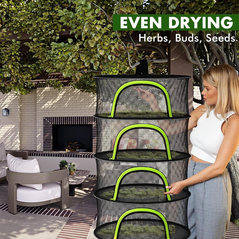 Herb Drying Rack Hanging Mesh 4 Layer 18" W/ Zipper Garden Pruning Shear Hook &