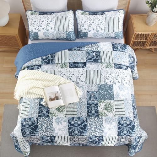 Patchwork Pattern Quilt Set Size Plaid Reversible Bedspread Coverlet Queen Blue