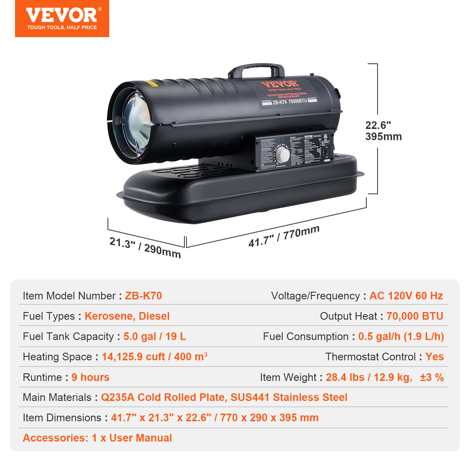 VEVOR Portable Kerosene Forced Air Heater 70000 BTU Indoor Outdoor Use 5gal Tank