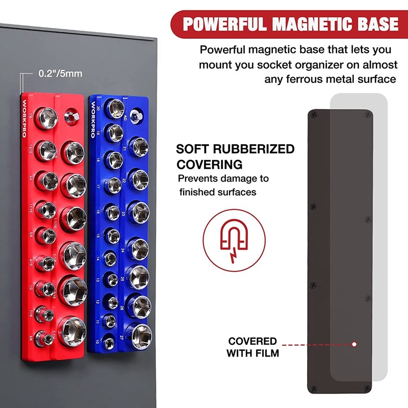 WORKPRO 2PC 1/2" Magnetic SAE Metric Socket Organizer Set Socket Holder Cart Set