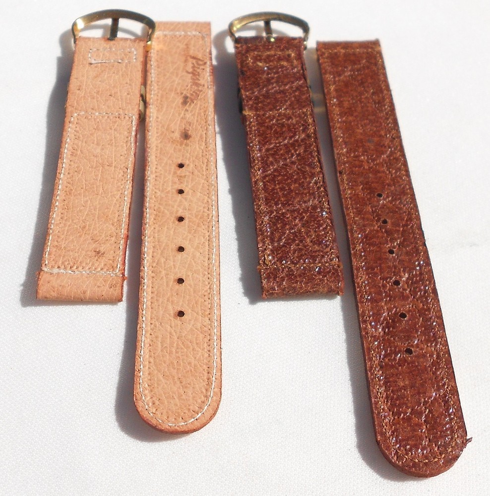 TWO MINT ORIG WW2 1944-DATED GI-ISSUE LEATHER WATCH BANDS, TAN GOATSKIN, BROWN