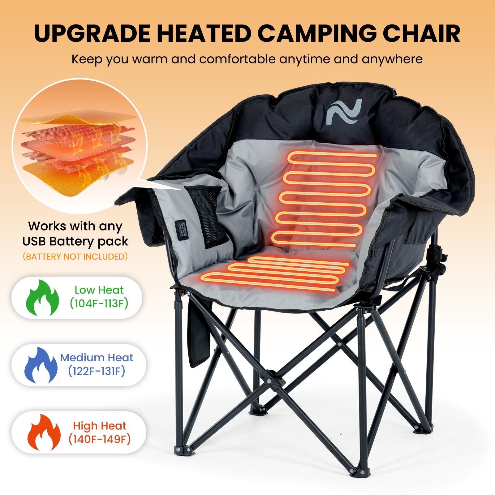NAIZEA Heated Camping Chair Padded Patio Lounge Chairs 3 Heat Levels 20" W Seat