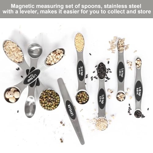 Magnetic Measuring Spoons Set Stainless Steel with Leveler, Stackable 7 Silver