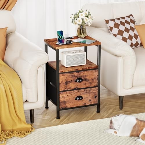 Nightstand with Charging Station, End Table 1 PC Rustic Brown drawer on bottom