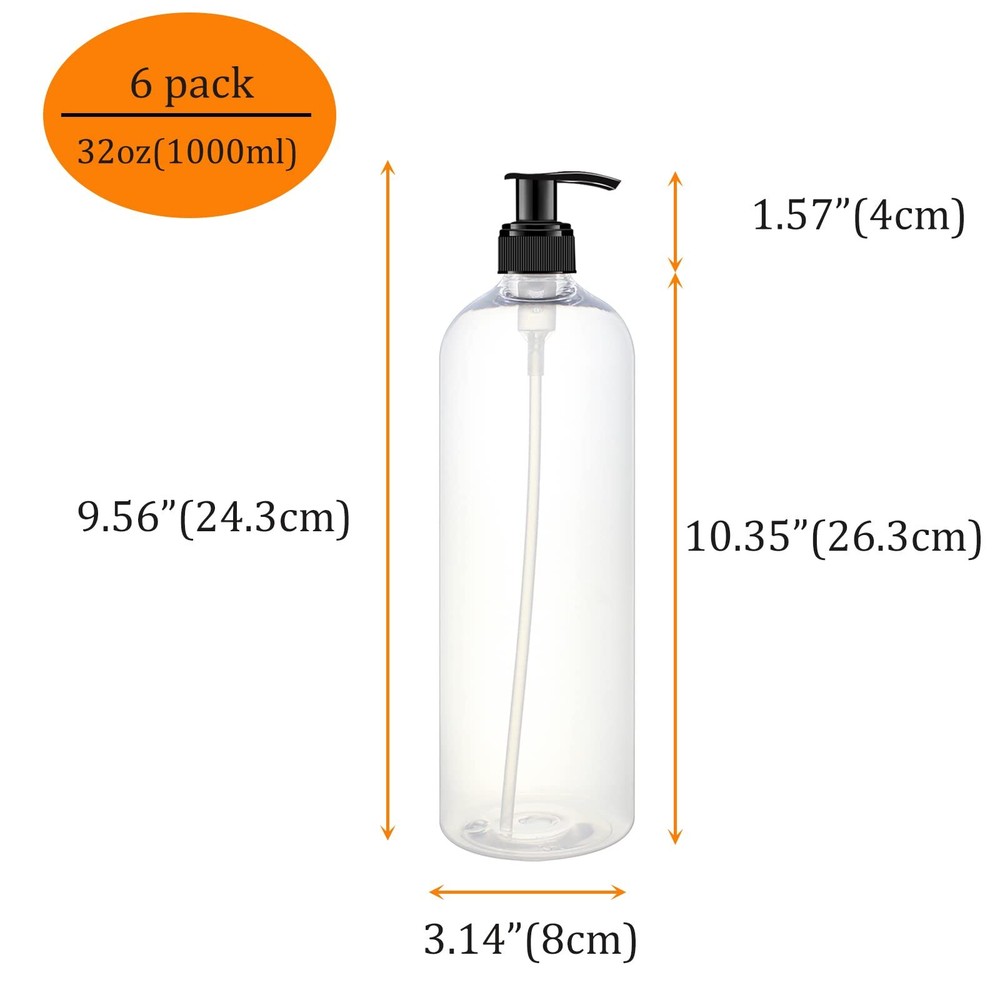 6 Pack 32oz Empty Pump Bottles Refillable Containers for Liquid Soap Shampoo