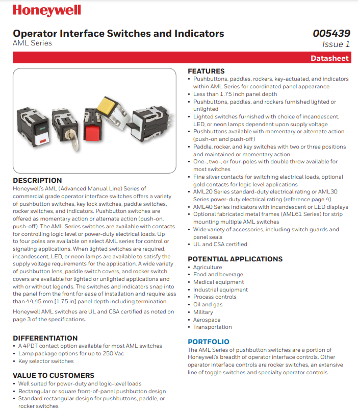 Honeywell Microswitch - AML21BBA2AA - Switch, Pushbutton, AML 21 Series. 125VAC
