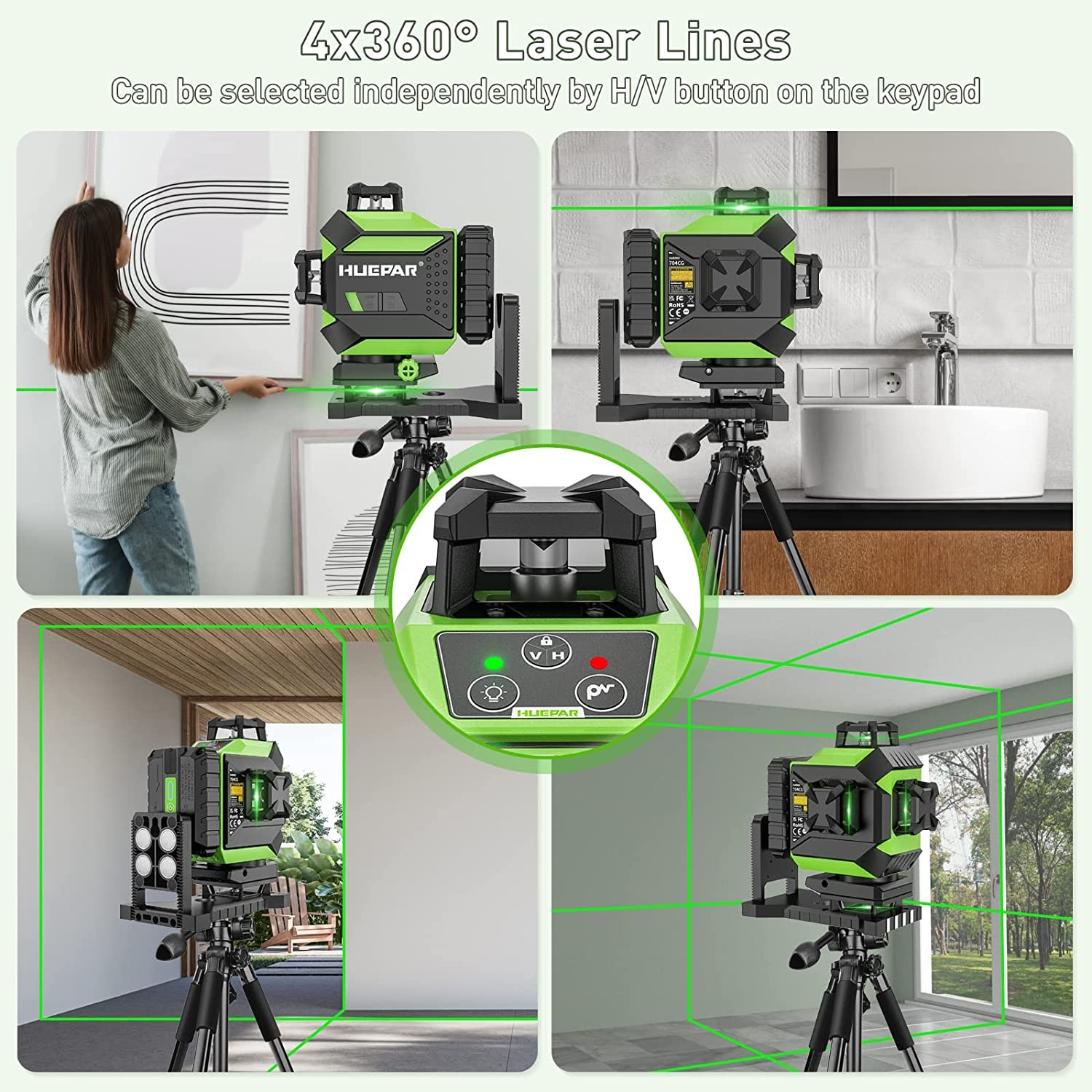 Huepar 4D Laser Level 16 Lines Self Leveling Cross Line 197Ft 704CG + Receiver