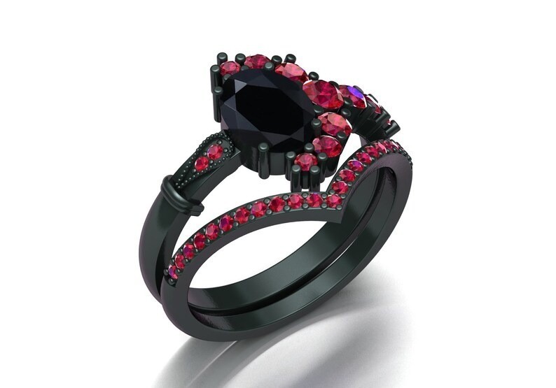 Luxurious Black Onyx & Ruby Gemstone 925 Silver Ring Band Set