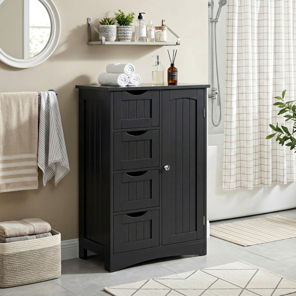 Bathroom Storage Cabinet Freestanding Floor Storage Cupboard Adjustable Black