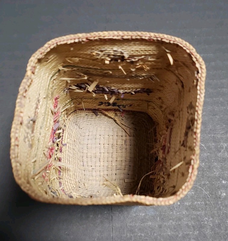 Vtg PNW Makah Native American Square Basket Animal Motif Whale Bird 3x5.5"