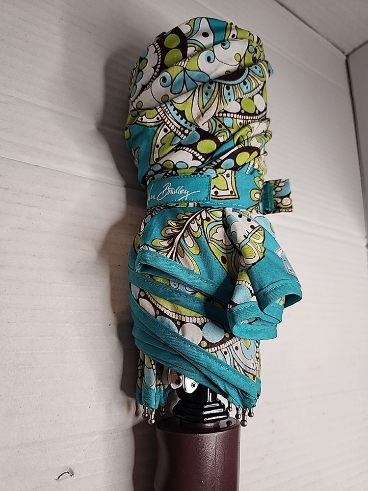 Vera Bradley Peacock Pattern Teal Blue Lime Mini Umbrella AutoOpen Compact