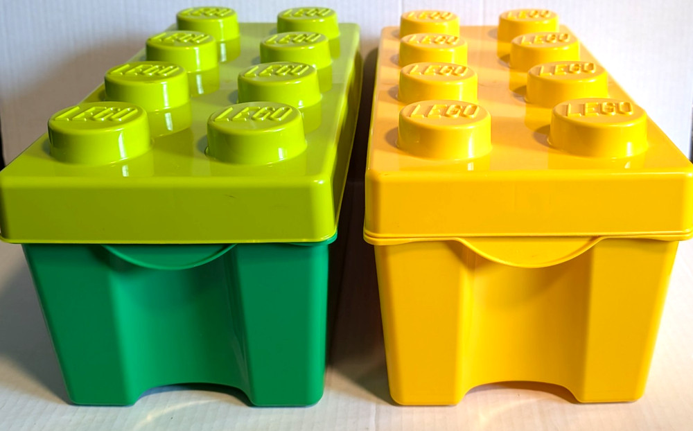 2 Lego Brick Storage Case Bin 8 Stud Stackable Yellow Green 14" x 7" x 7" Empty