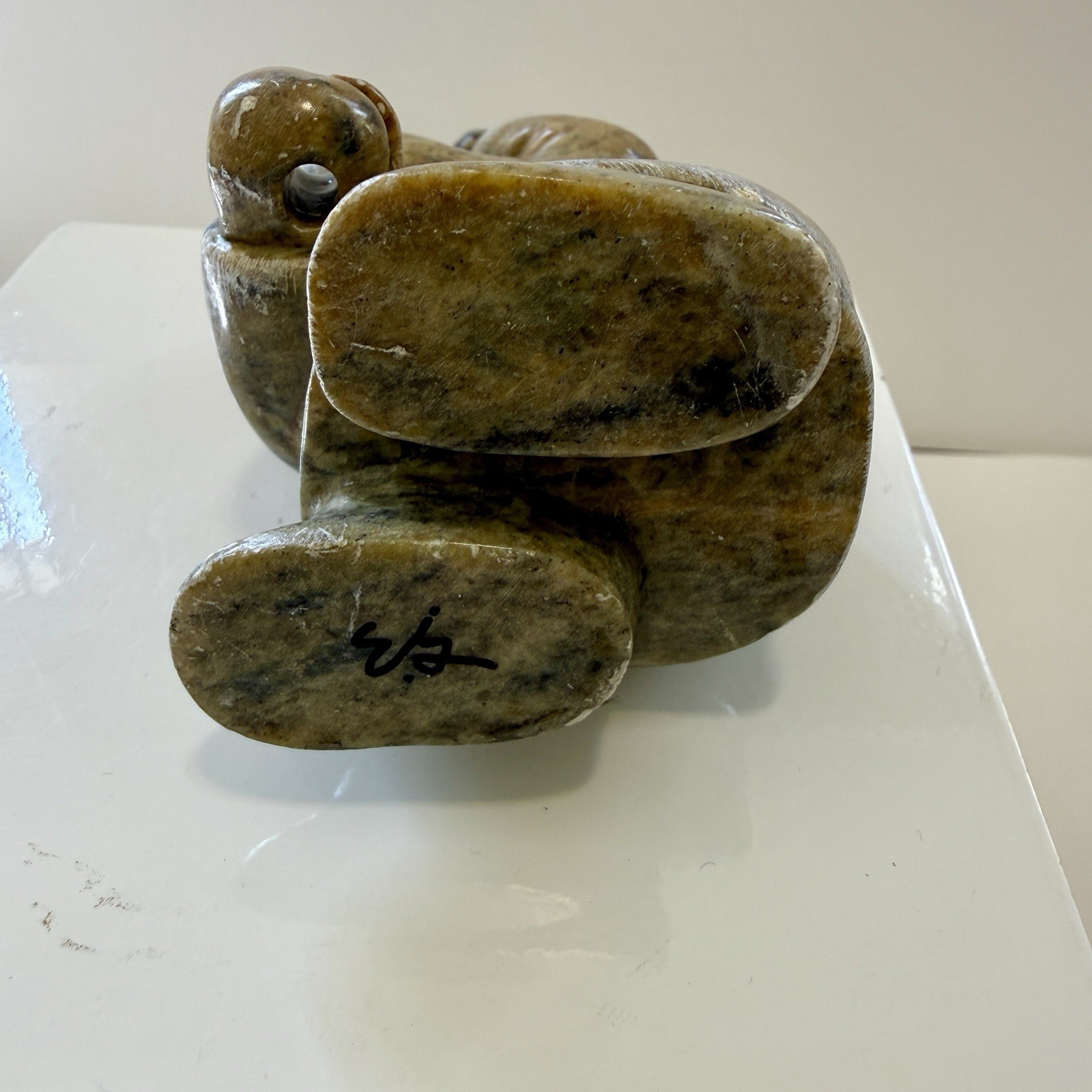 Eddie Lee Inuit Eskimo Spear Fisherman Signed 4.5" AlaskaHand Carved Soapstone