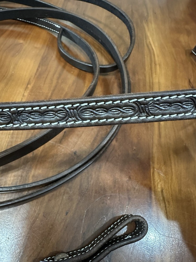 New 7’ Split Leather Buck Stitched Stamped Reins Loop End