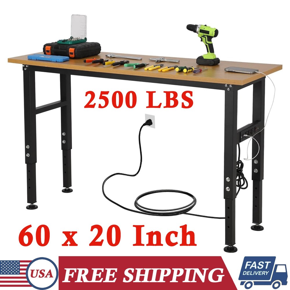 60x20 Inch Adjustable Workbench 2500 Lbs Work Table Tool Bench with Power Outlet
