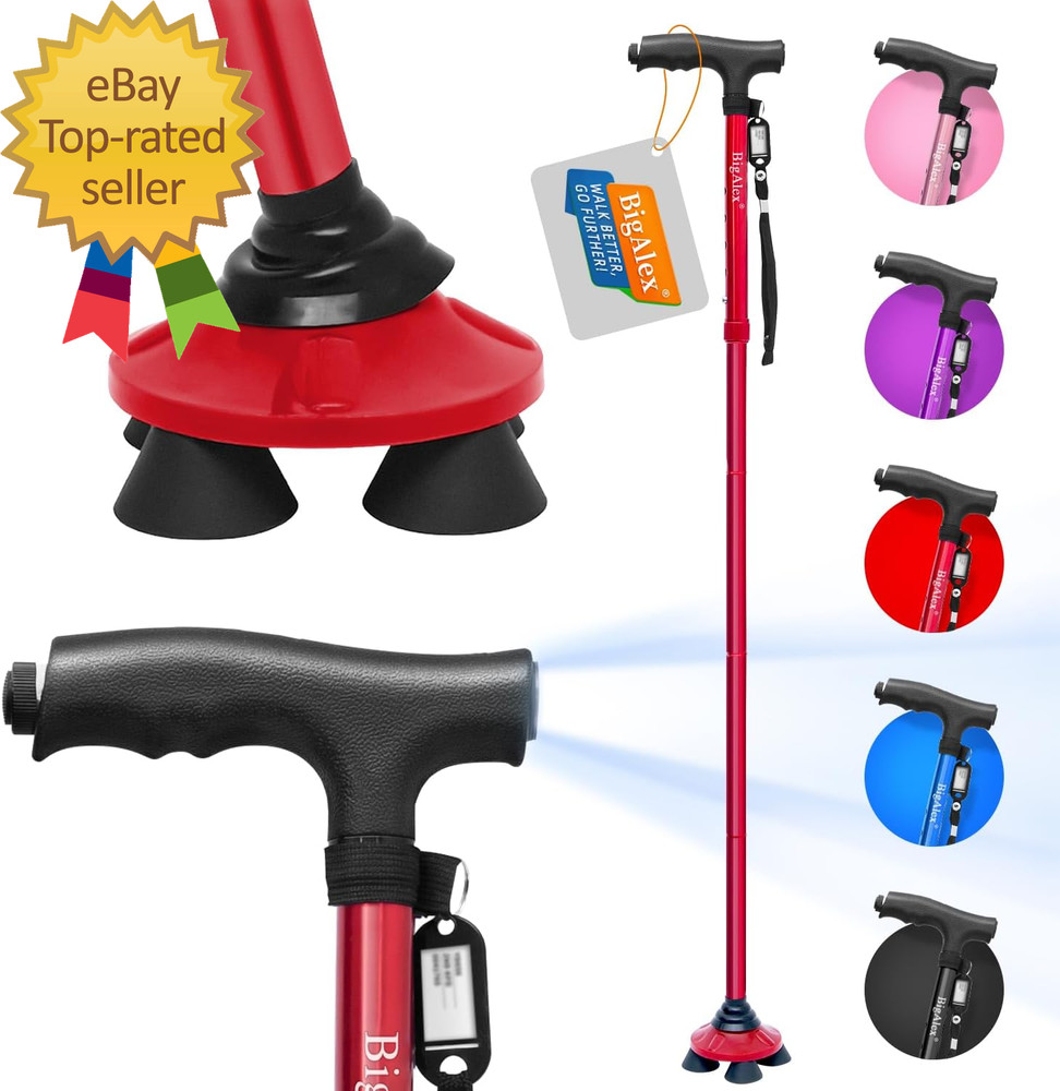 Folding Walking Cane with LED Light,Pivoting Quad Base,Adjustable Walking Stick