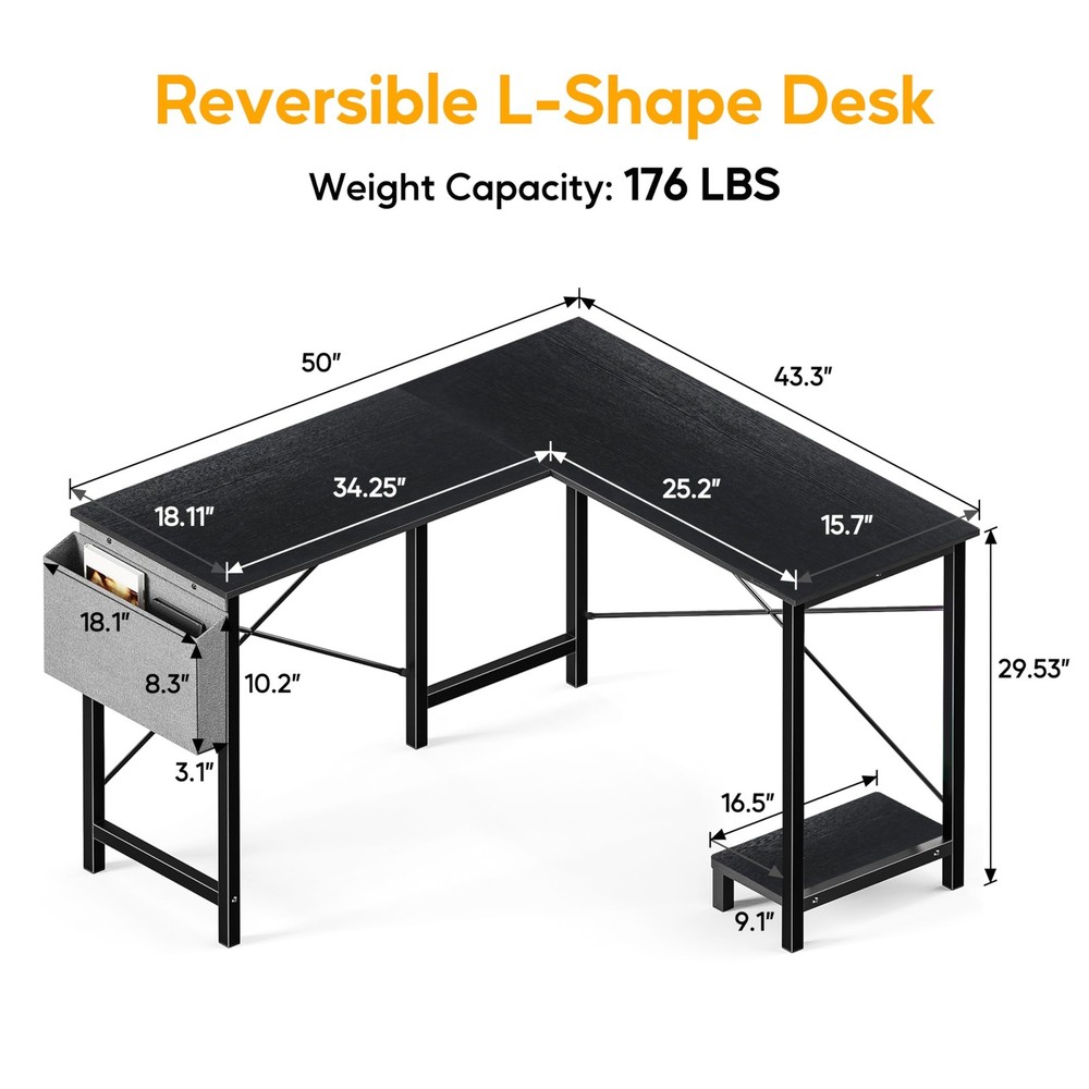 L Shaped Desk Gaming Computer 50 Inch Reversible Corner Table PC for Writing ...