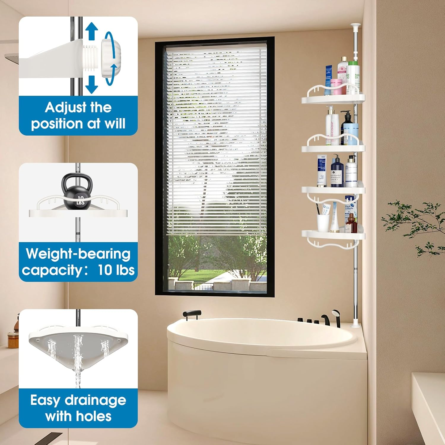 39"-125" high Tension Pole 4 Tier shower caddy shampoo soap Rack holder shelves