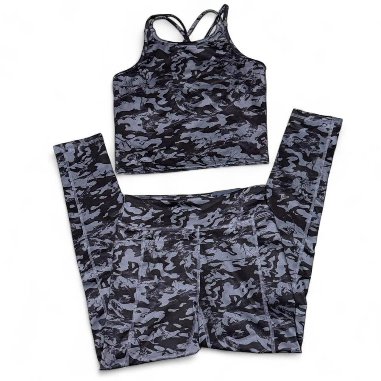 Tek Gear Camouflage Leggings & Bra Set Black Gray Moisture Wicking L (10/12)