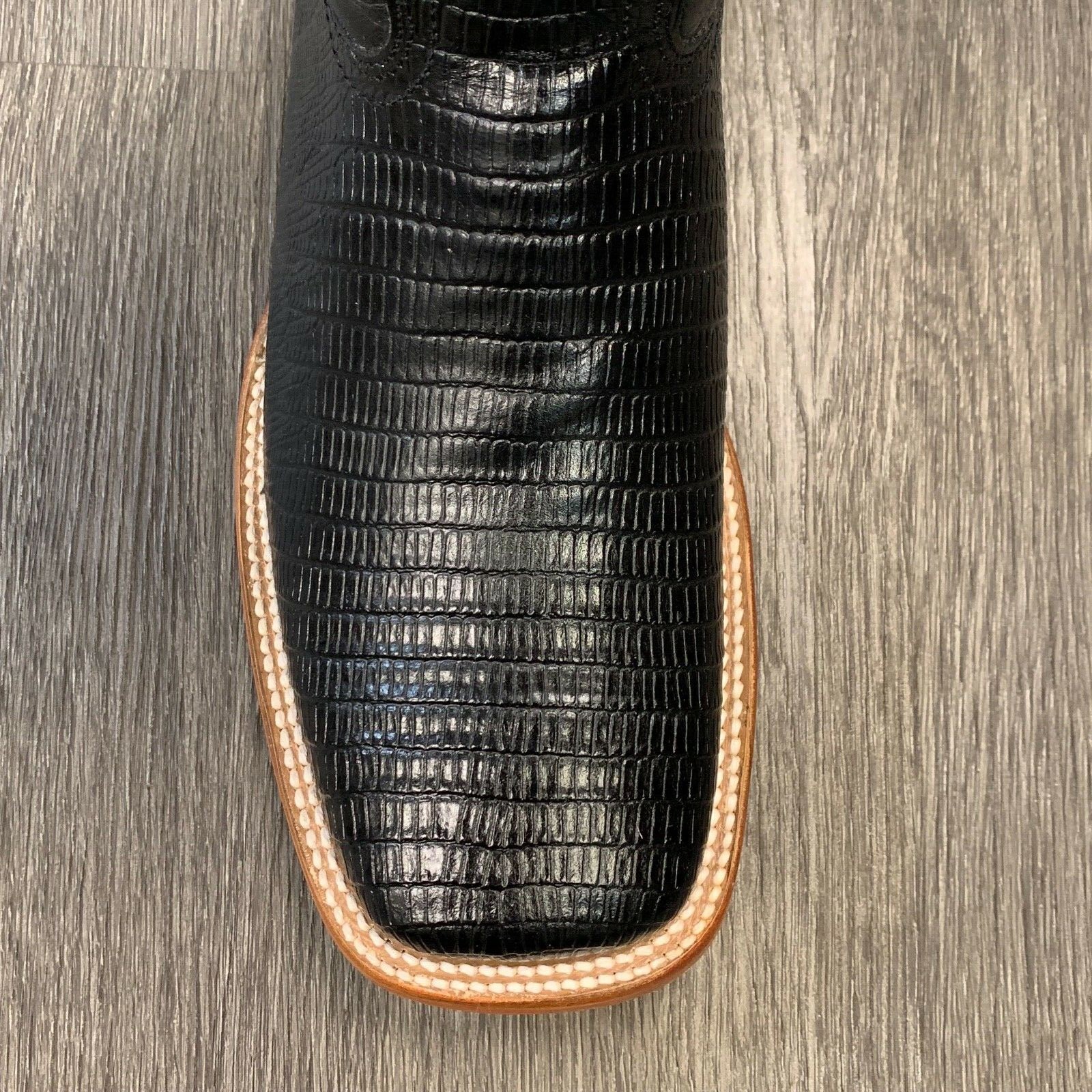 MEN'S RODEO COWBOY BOOTS LIZARD PRINT LEATHER WESTERN SQUARE TOE BLACK BOTAS