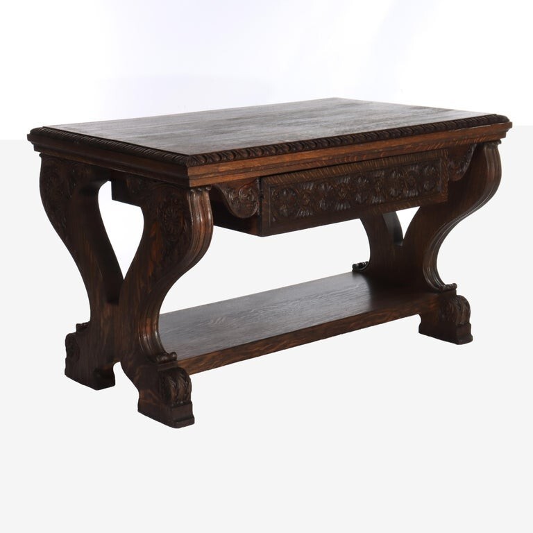 Arts & Crafts Carved Oak Trestle Library Table C1910