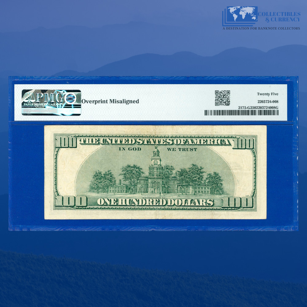 1996 $100 Federal Reserve Note, MISALIGNMENT ERROR, PMG 25 #57580