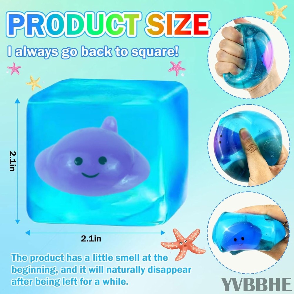 Blue Squeeze Cube with Luminous Devil Fish Inside, Squishy Stress Fidget Gummy