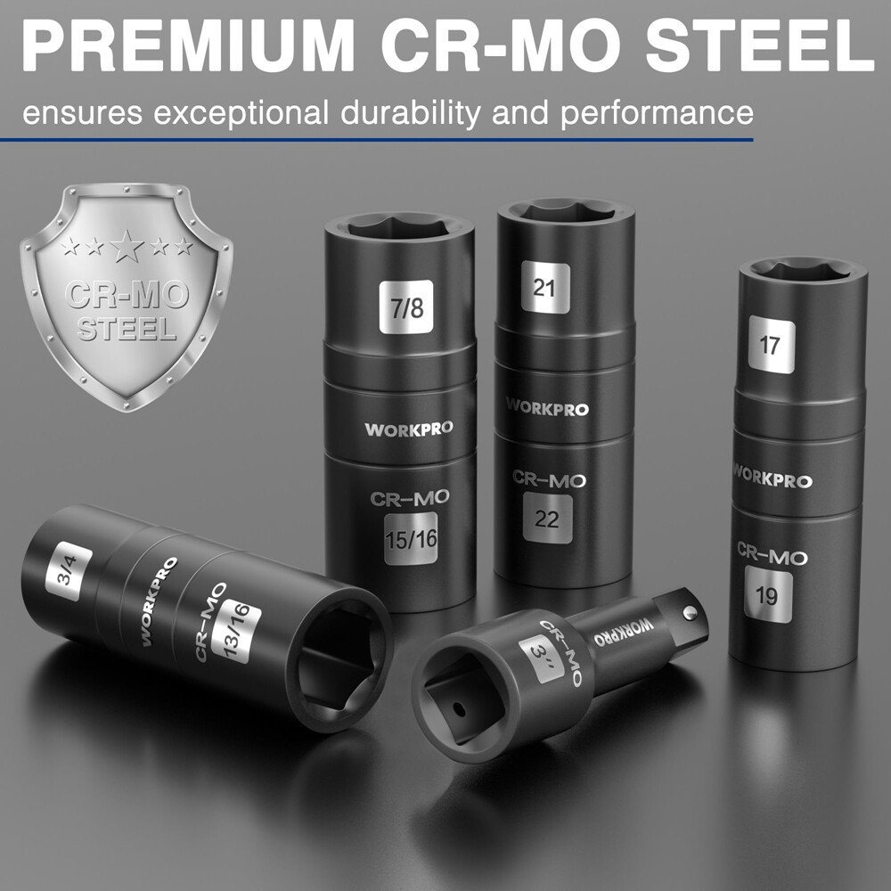 WORKPRO 5PC 1/2" Dr Impact Socket Set Lug Nut Wheel 3" Extension Bar Flip Socket