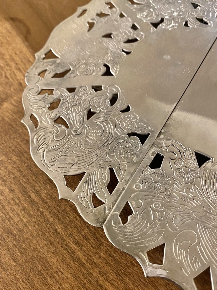 VTG Trivet Ornate Carved Floral Footed Oval Expandable Silver Plate Metal