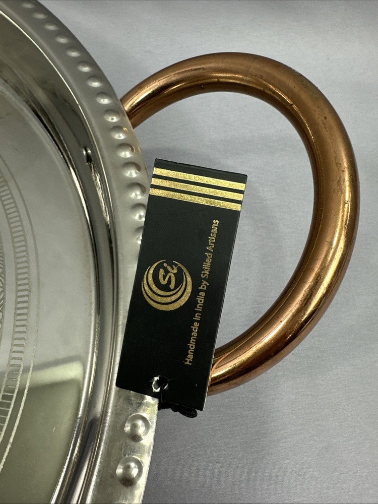 Vintage Large 16.5” Silverplate Silver Round Serving Tray w/Copper Handles India