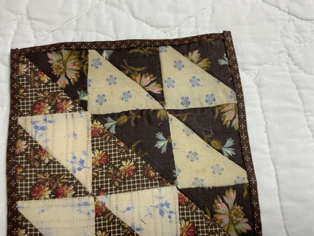 Antique Patchwork Quilt Table Topper, Nine Patch, Triangle, Early Calicos, Brown