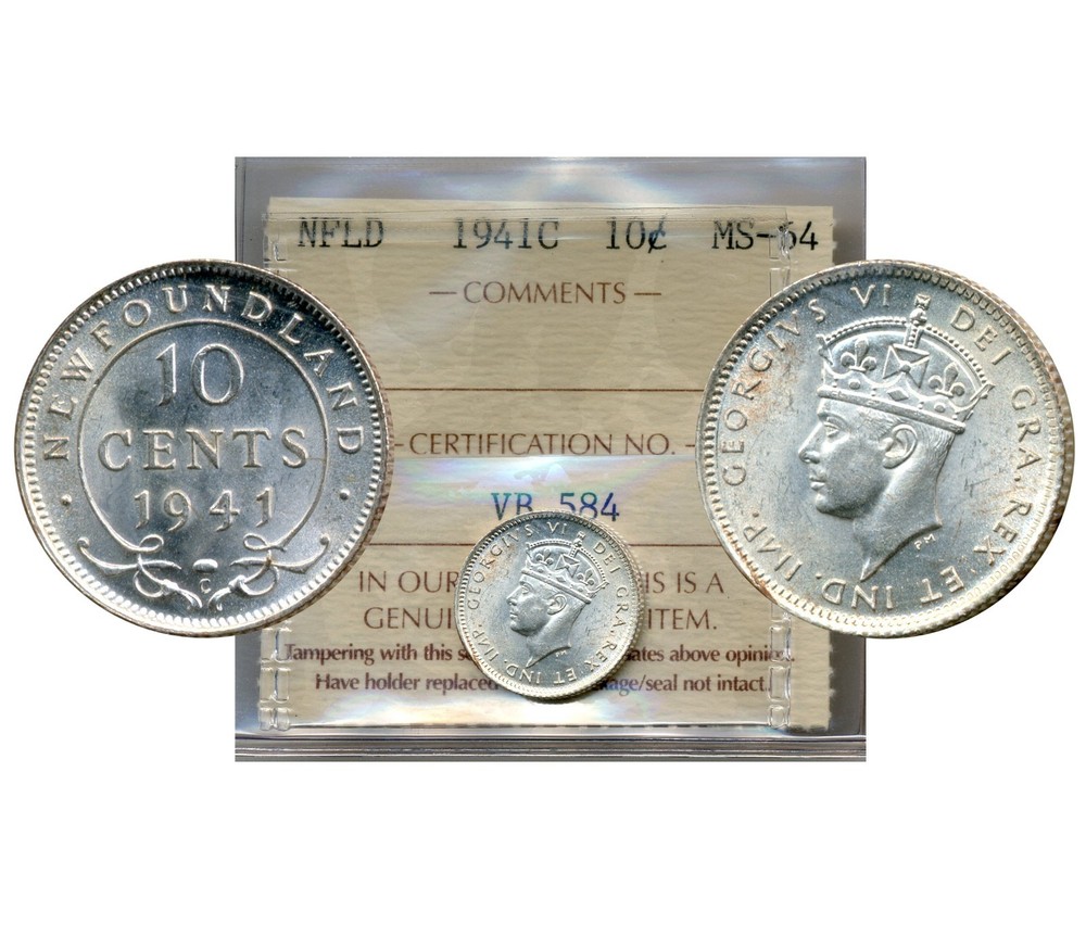1941C Newfoundland 10 Cents - Choice Uncirculated, ICCS MS64