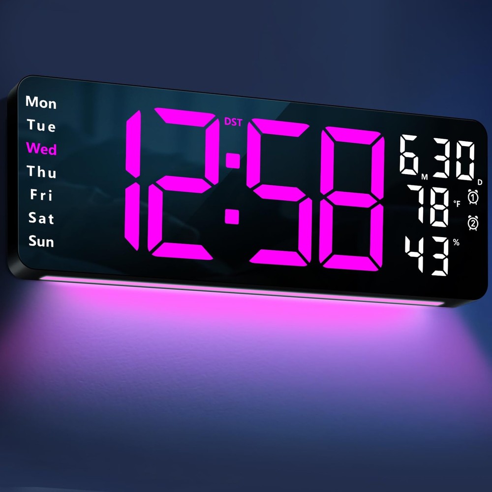 17.3" Large Digital Wall Mount Clock, Digital Clock with Remote Control, Alar...