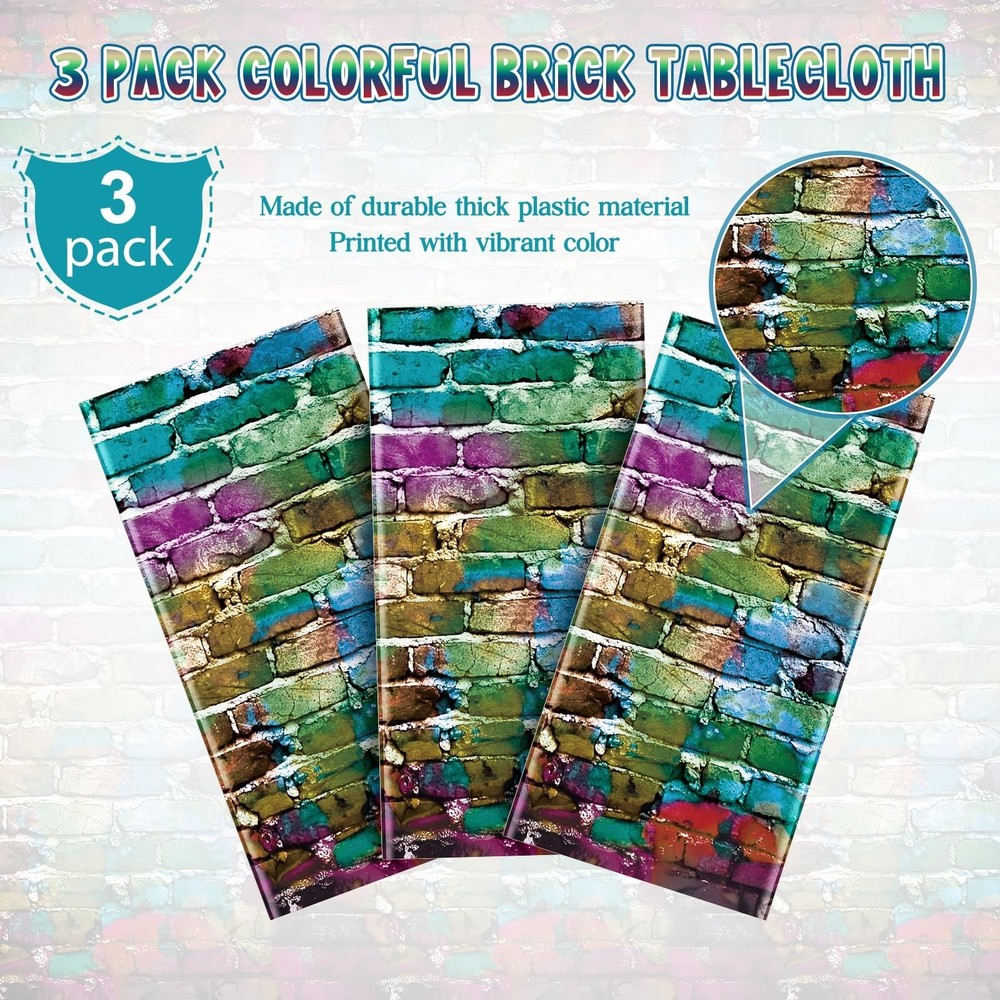 3 Pack Colorful Brick Tablecloth Rectangle, Graffiti Brick Wall Backdrop Phot...