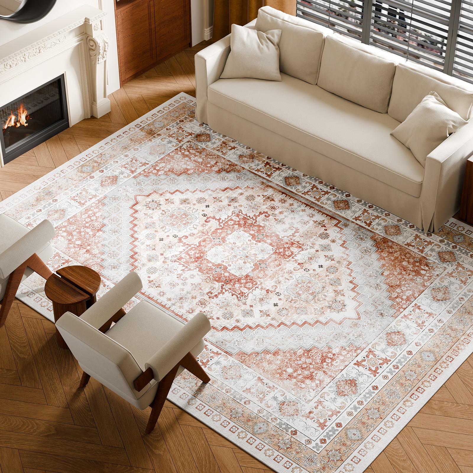 Large Area Rug 9 x 12 ft Anti-Skid Tear-Resistant Floor Mat Vintage Brown Red